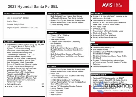 2023 Hyundai Santa Fe Sel Premium z USA, uszkodzony, nr VIN 5NMS3DAJ6PH531051